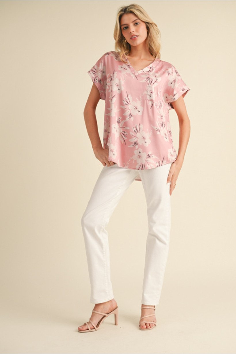 Elegant mauve satin top with V-neckline, perfect for coastal boutique clothing and stylish tops for women.