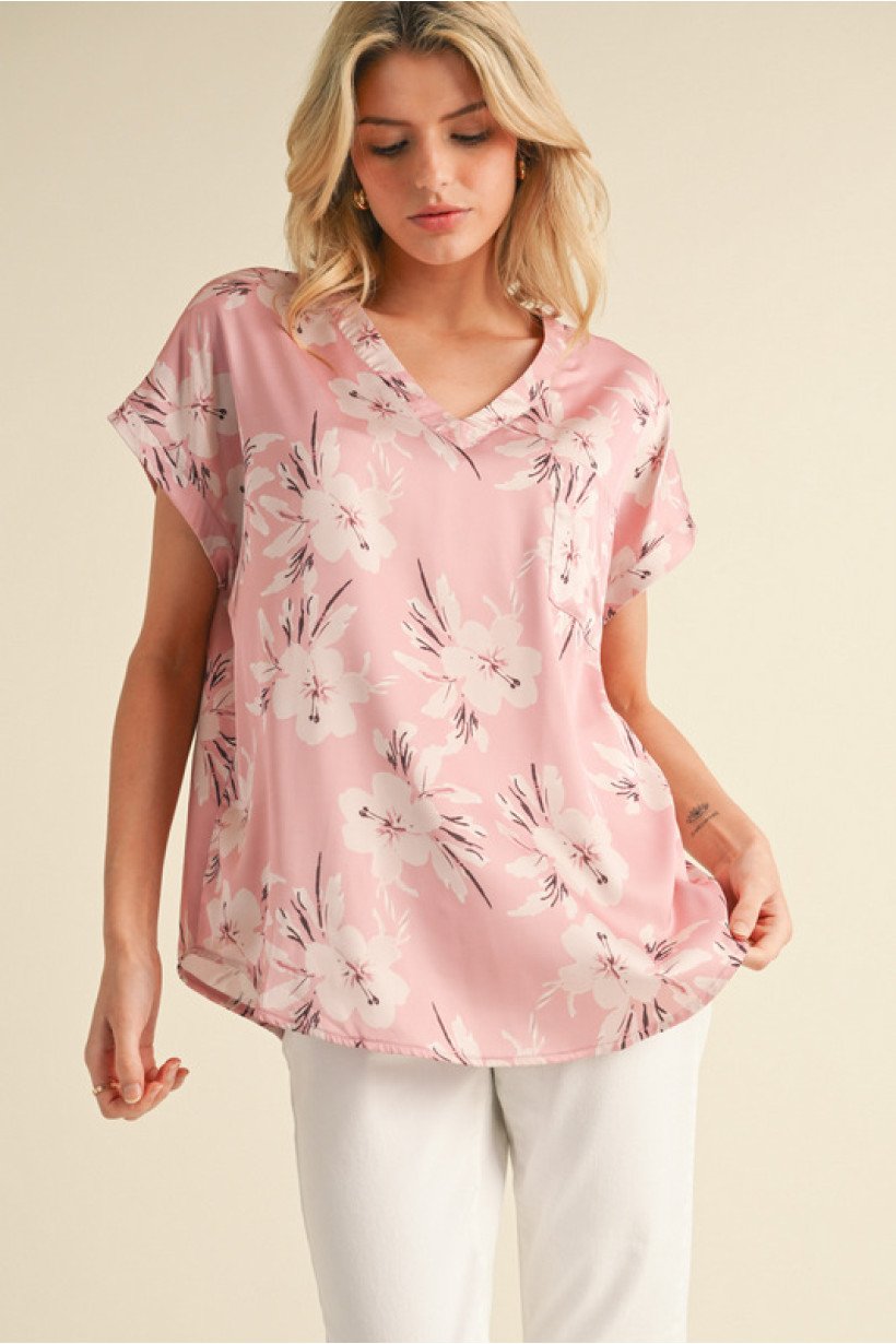 Mauve satin floral top with V-neckline, perfect for coastal boutique clothing and curvy plus size fashion.