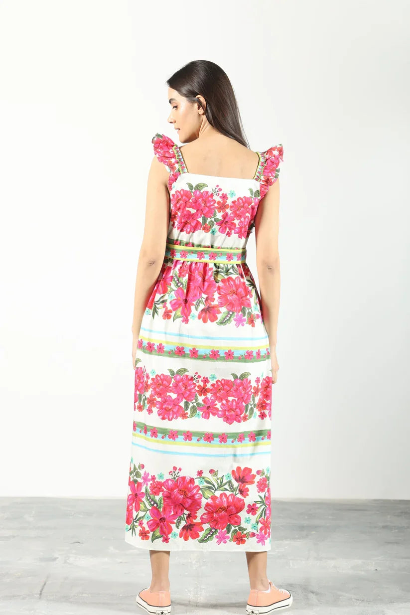 Floral Belted Midi Sundress from a coastal boutique, perfect beach dress for summer days and tropical vacations.