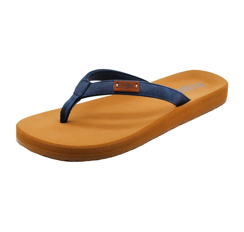 Flojos Billie Sandal in Denim/Tan - Stylish beach footwear for coastal boutique clothing and tropical vacation dresses.