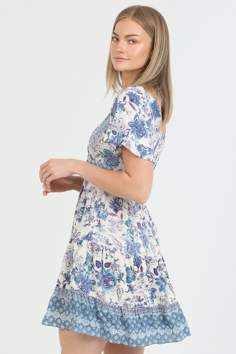 Blue floral V-neck dress with short sleeves, perfect for coastal boutique clothing and tropical vacation outfits.