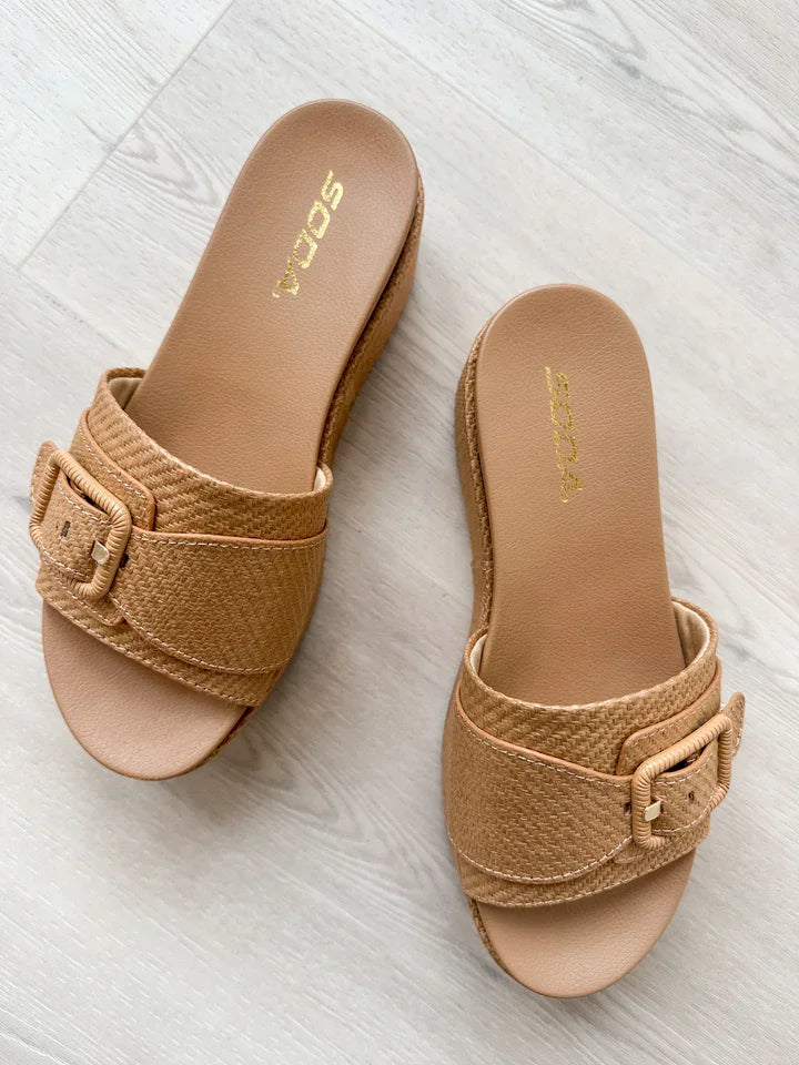 Lulah Slide - eco-friendly raffia sandals with comfortable platform; perfect for coastal boutique outfits and summer vacation.