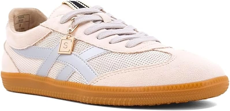 Sasha Sneaker in Beige featuring suede and mesh detail, designed for trendy coastal style at Raggdoll Boutique.