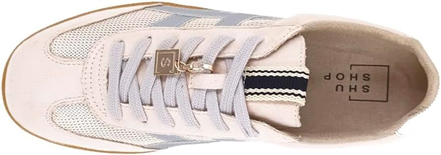 Sasha Sneaker in Beige with silver stripe, breathable mesh, ideal for trendy coastal style at Raggdoll Boutique.
