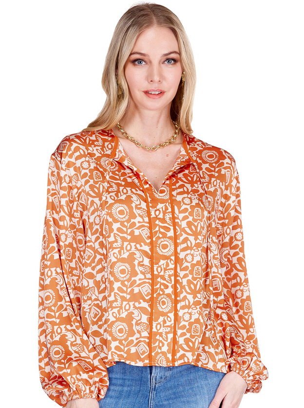 Stylish Tangerine floral satin shirt from coastal boutique clothing, perfect for tropical vacations and everyday fashion.