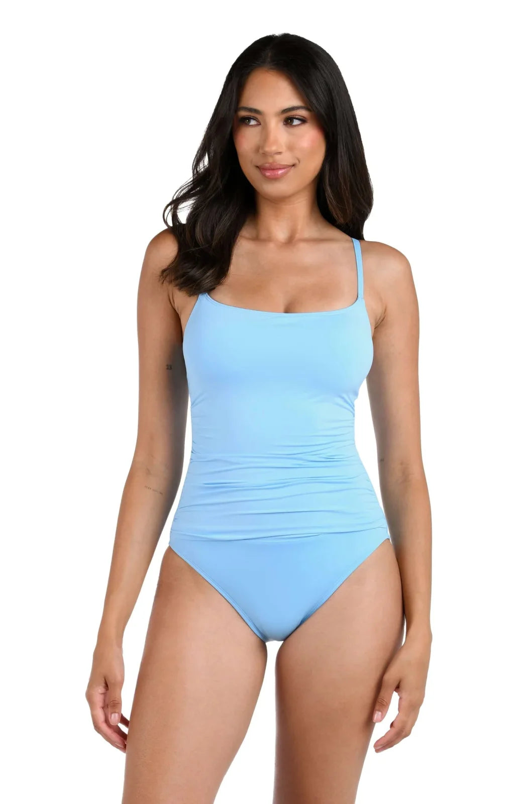 Island Goddess Mio one-piece swimsuit in crystal blue, perfect for coastal boutique clothing and tropical vacations.