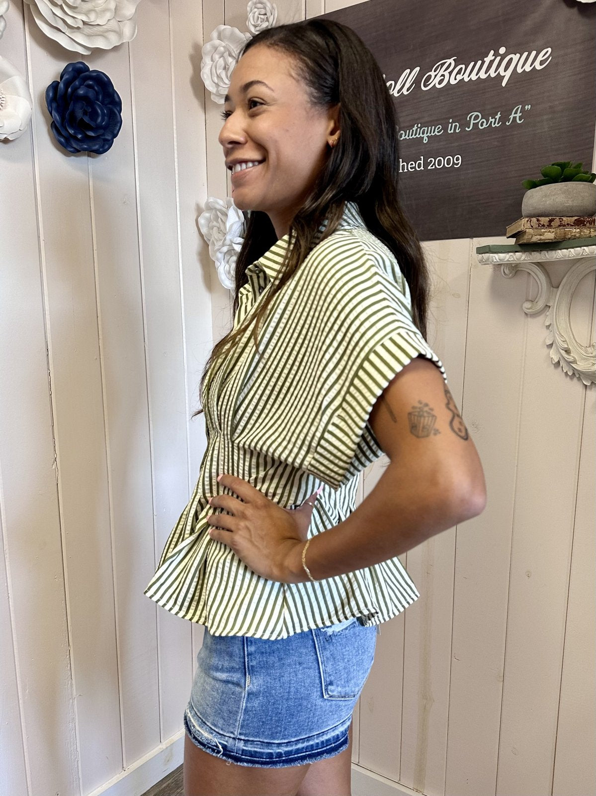 Kendra Top featuring olive green stripes, perfect for summer outfits Texas at Raggdoll Boutique, a coastal fashion boutique.