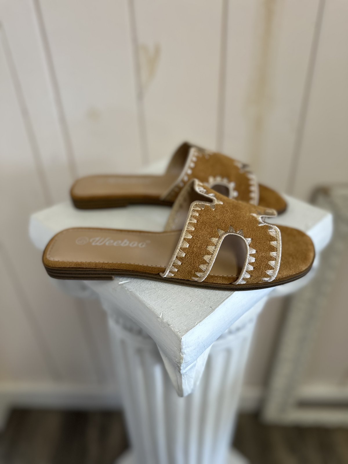 Melly Tan Shoe - Tan suede cut-out slip-on sandals with stitched edge, perfect for summer outfits at Raggdoll Boutique.