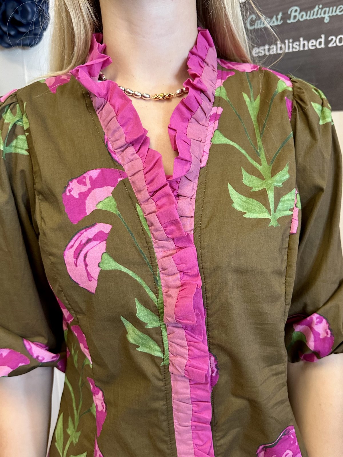 Maple Top from Raggdoll Boutique featuring floral print, split V-neck, and ruffle details - perfect for summer outfits Texas.