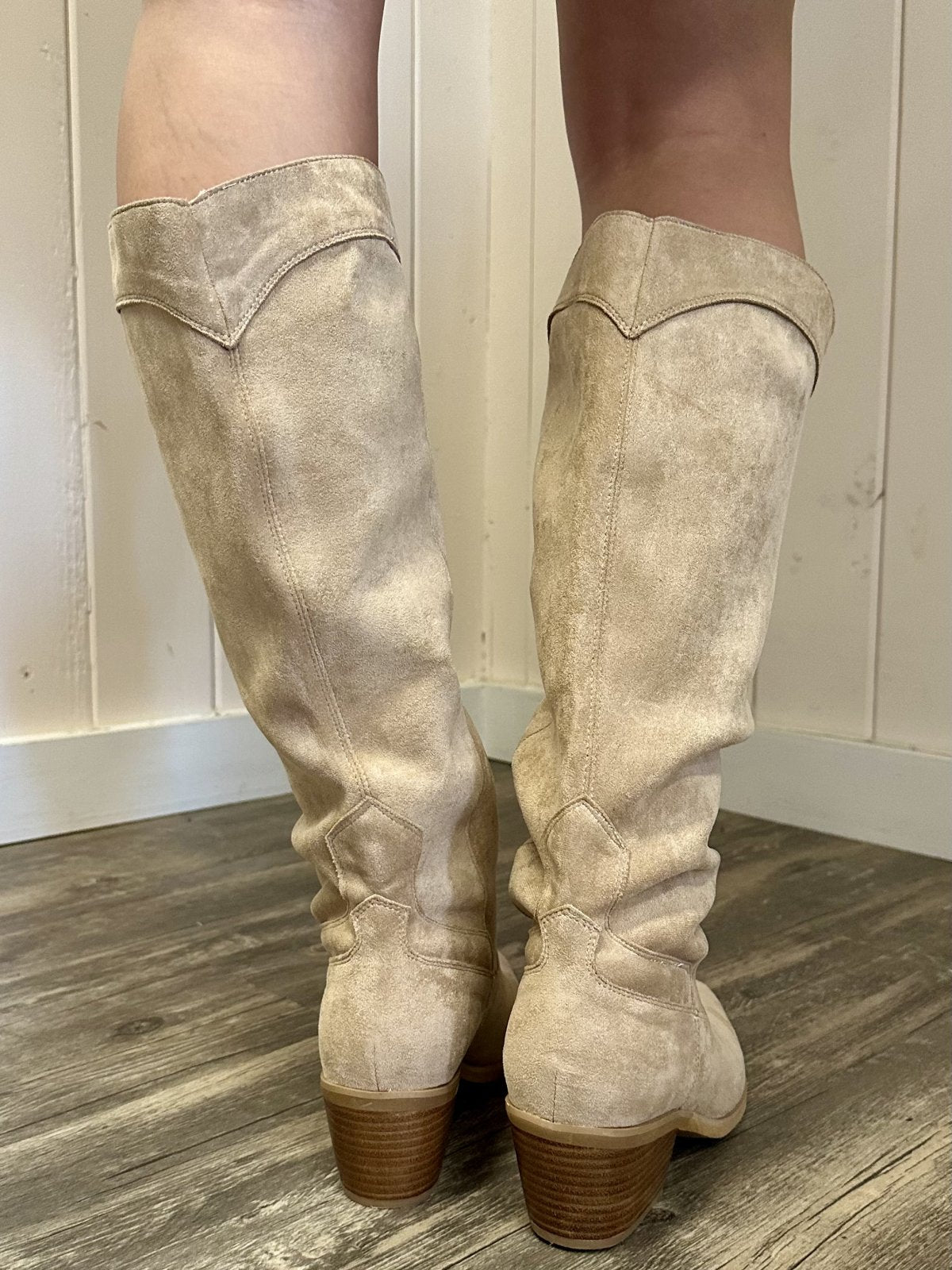 Back view of Julia Boots in tan suede, stylish and comfortable for summer outfits Texas at Raggdoll Boutique.
