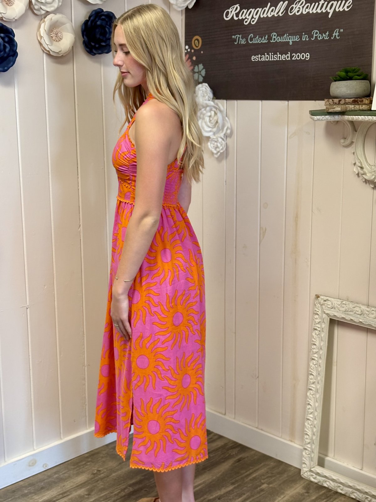 Mara Ric Rac Cross Midi Dress in vibrant orange and pink, ideal for tropical vacations and summer events. Coastal boutique clothing.