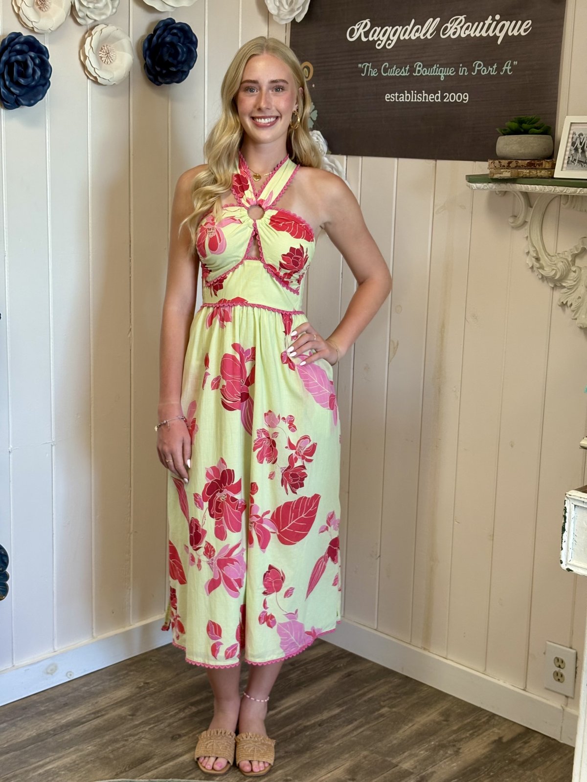 Sloane Dress in floral print, perfect for beach outings and tropical vacations. From a Port Aransas boutique, styled with elegance.