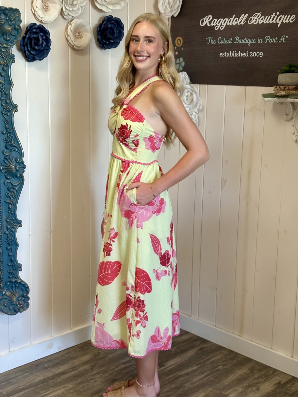 Sloane Dress from Raggdoll Boutique, a vibrant midi beach dress perfect for tropical vacations and curvy plus size fashion.