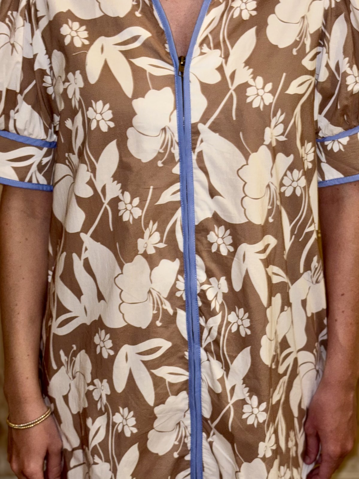 Hollis Dress in taupe floral design, perfect for coastal boutique clothing and casual outings.