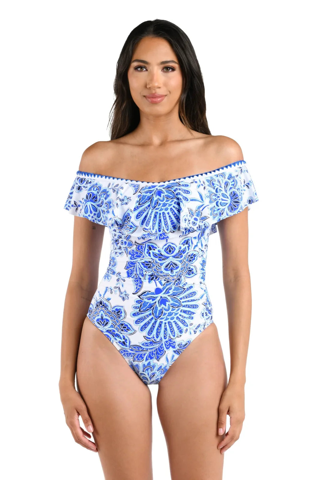 Blue and white floral off shoulder one-piece swimsuit from a coastal boutique, perfect for tropical vacation styles.