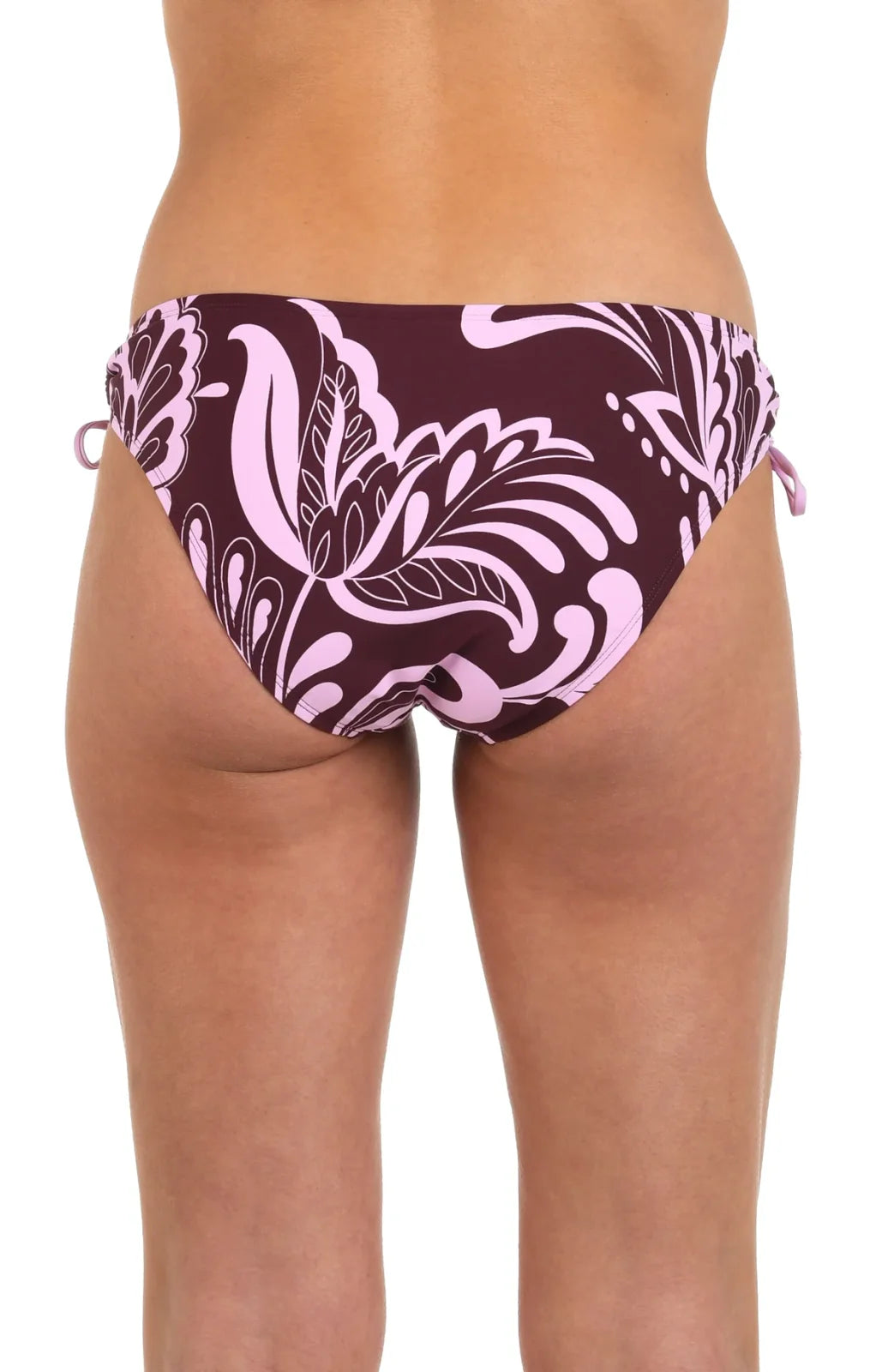 Fiji Floral hipster bottoms in burgundy and pink, ideal for coastal boutique clothing and tropical vacation dresses.