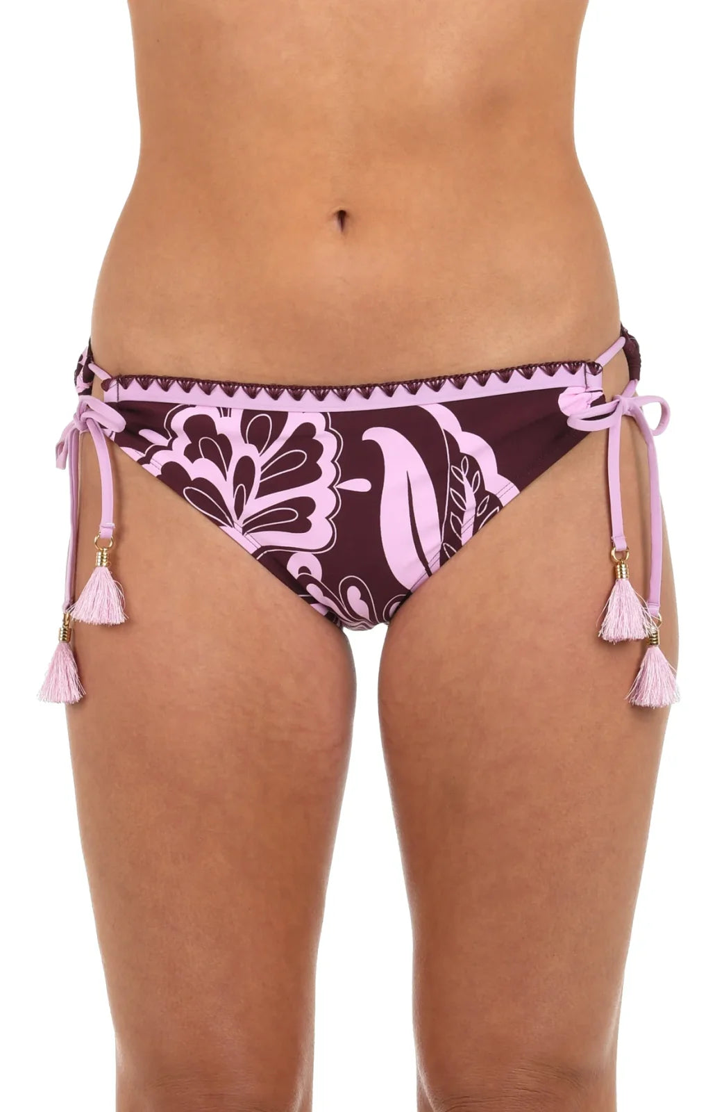 Fiji Floral Bottoms in burgundy and pink, stylish hipster swimwear with adjustable ties and tassel charms. Perfect for beach outings.