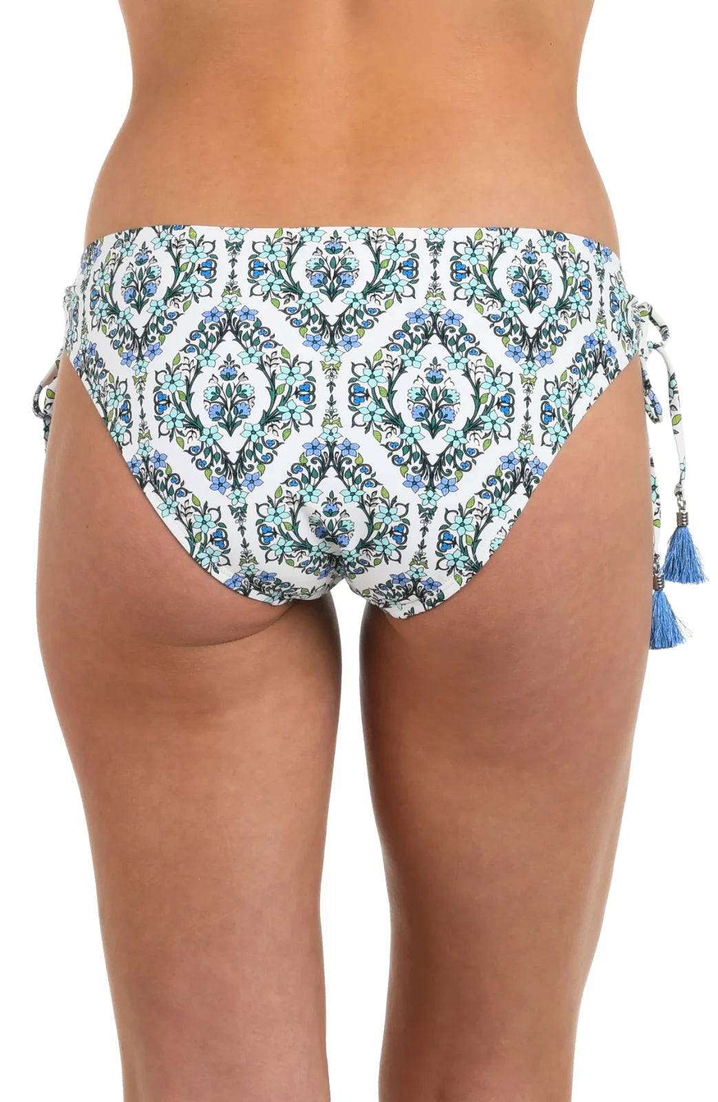Deja Blue Bottoms with floral and geometric patterns, adjustable ties, ideal for swimwear boutiques and beach dresses.