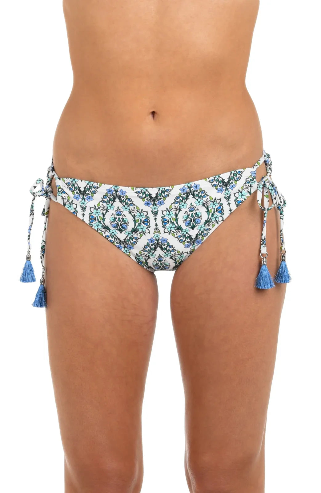 Deja Blue Bottoms: Floral and geometric swimwear with adjustable ties; perfect for your beach wardrobe from a Port Aransas boutique.