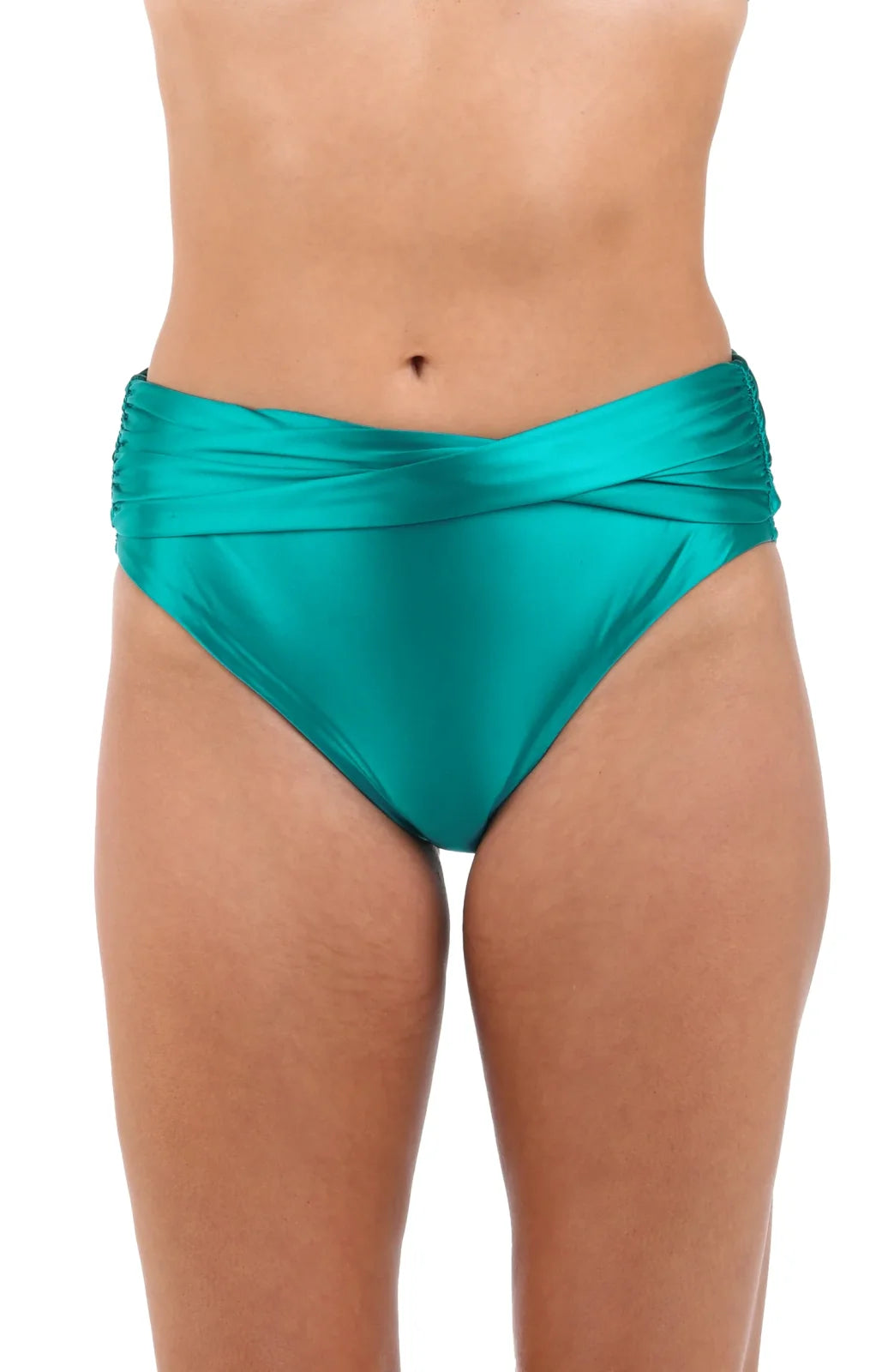 Earth Goddess teal mid-waist twist front bottom, stylish swimwear from a coastal boutique clothing collection.