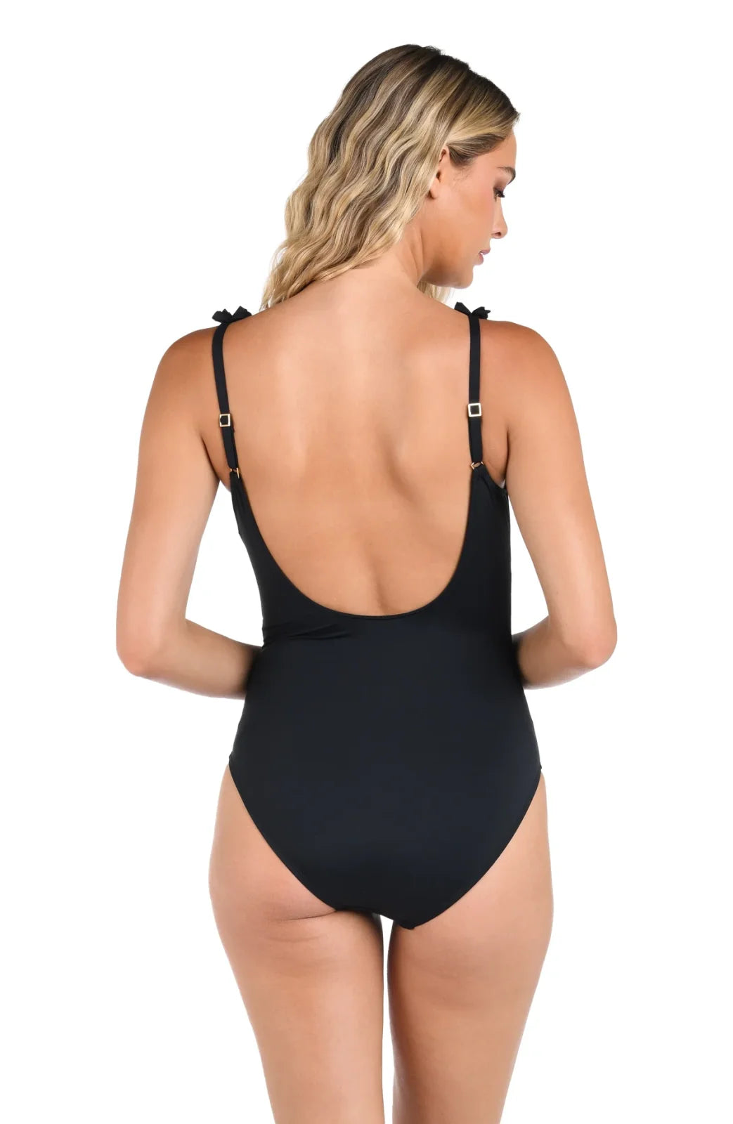 Back view of Island Goddess Black Ruffle One-Piece, perfect for coastal boutique clothing and tropical vacations.