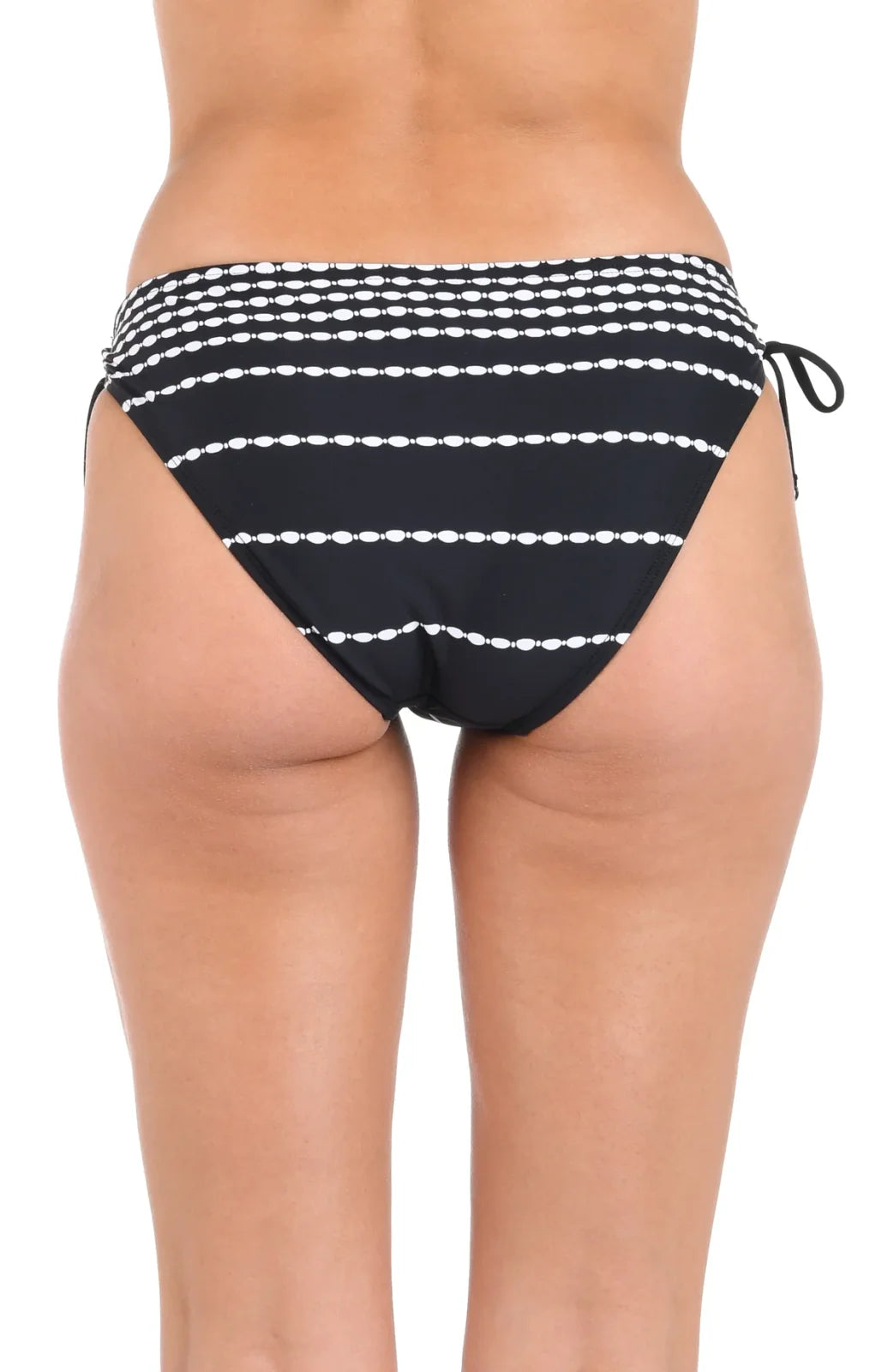 City Lights Side Tie Hipster Bottom in black and white stripes, perfect for beachwear and coastal boutique clothing.