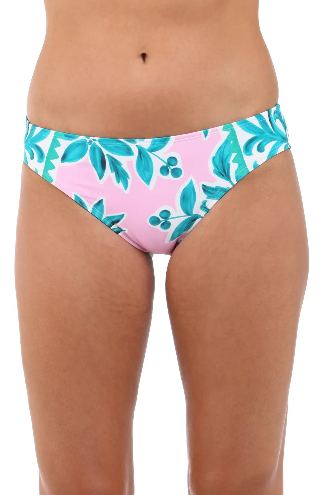 Opulent Palms Hipster Bottom in pink and teal floral design perfect for stylish beach outfits, from a Port Aransas boutique.
