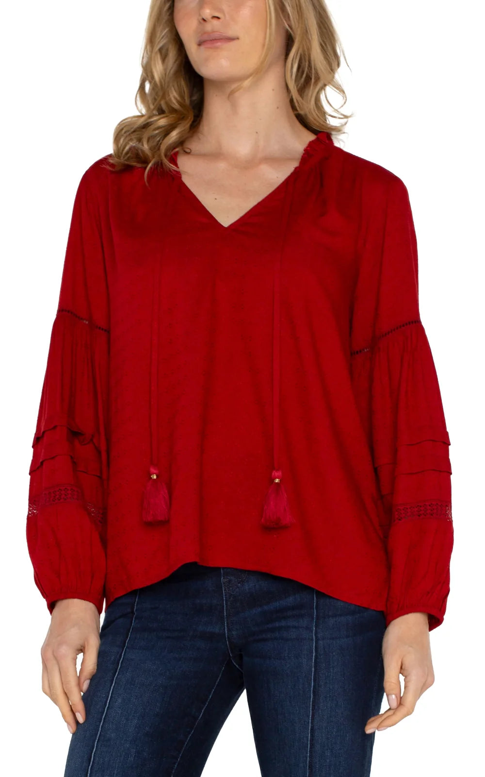 Liverpool popover shirred blouse in carnelian red, a stylish top ideal for coastal boutique clothing and tropical vacation dresses.