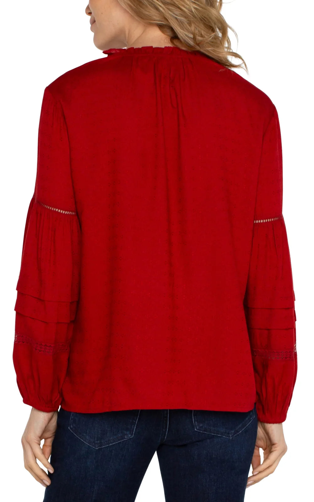 Back view of Liverpool Popover Shirred Blouse in Carnelian Red, perfect for coastal boutique clothing and curvy plus size fashion.