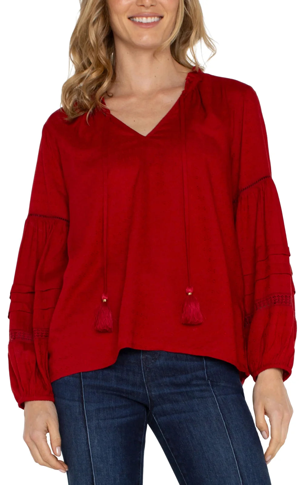Liverpool popover shirred blouse in carnelian red, perfect for coastal boutique clothing and stylish tops for women.