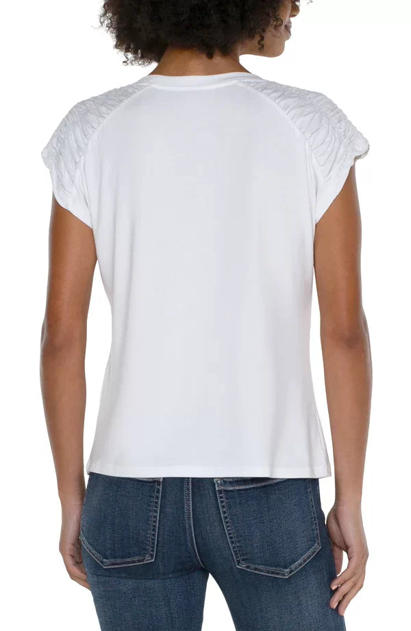 Liverpool White Smocked Shoulder Tee, stylish women's top perfect for coastal boutique clothing and tropical vacation fashion.