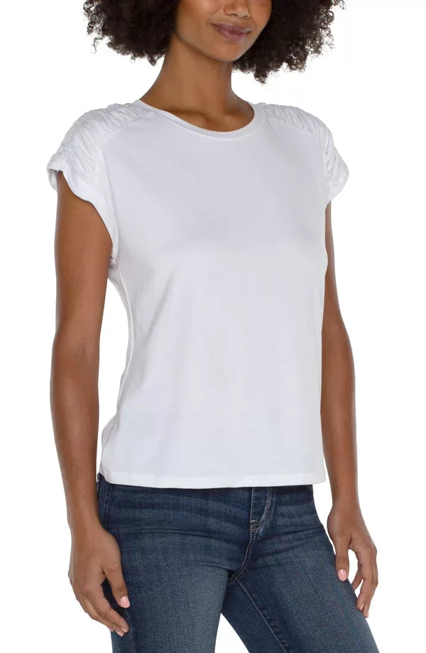 Liverpool White Smocked Shoulder Tee, stylish top for women, perfect for coastal boutique clothing and tropical vacations.