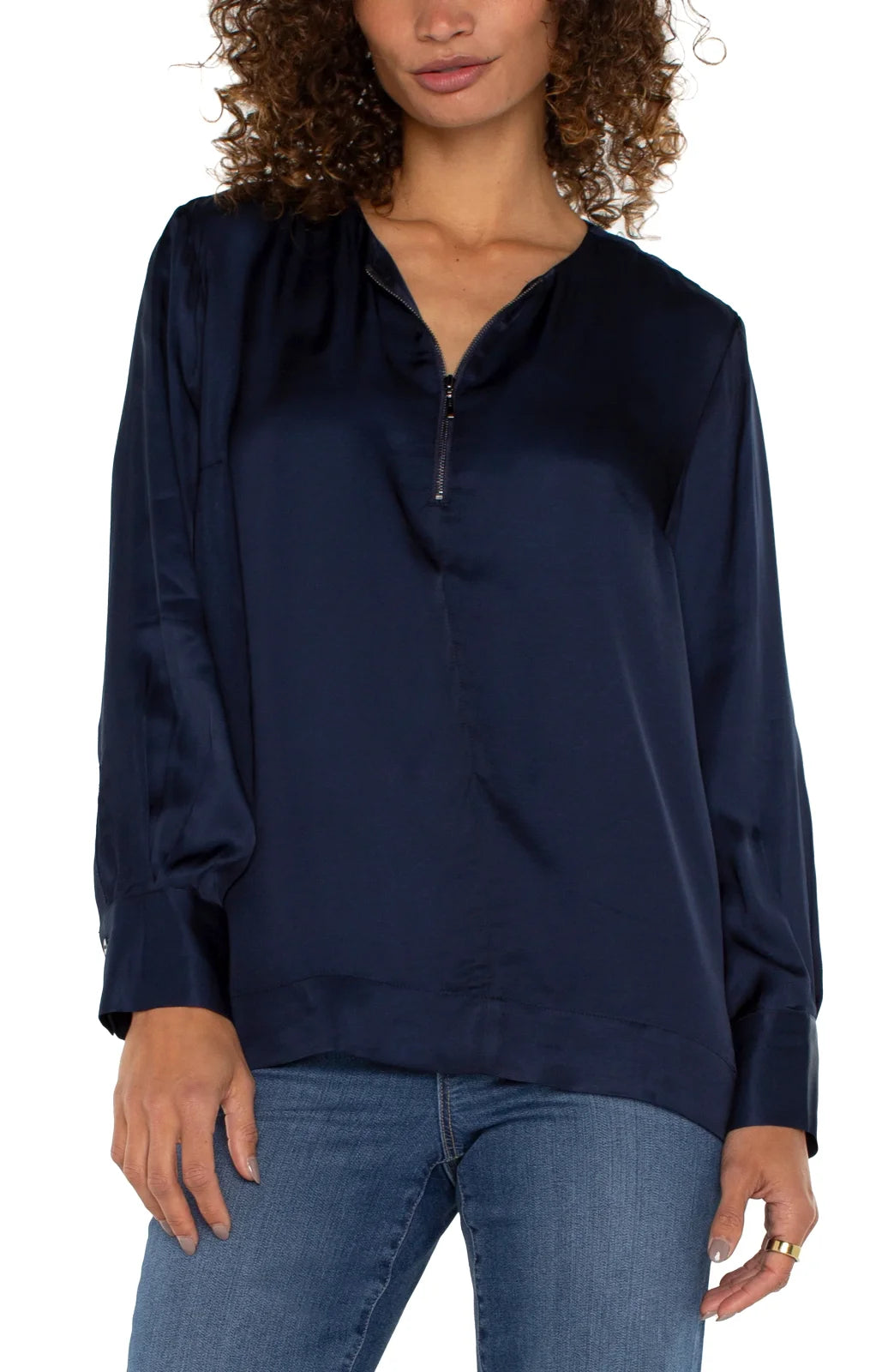 Liverpool Navy Satin Zip Front Top, stylish women's top for coastal boutique clothing and Port Aransas fashion.