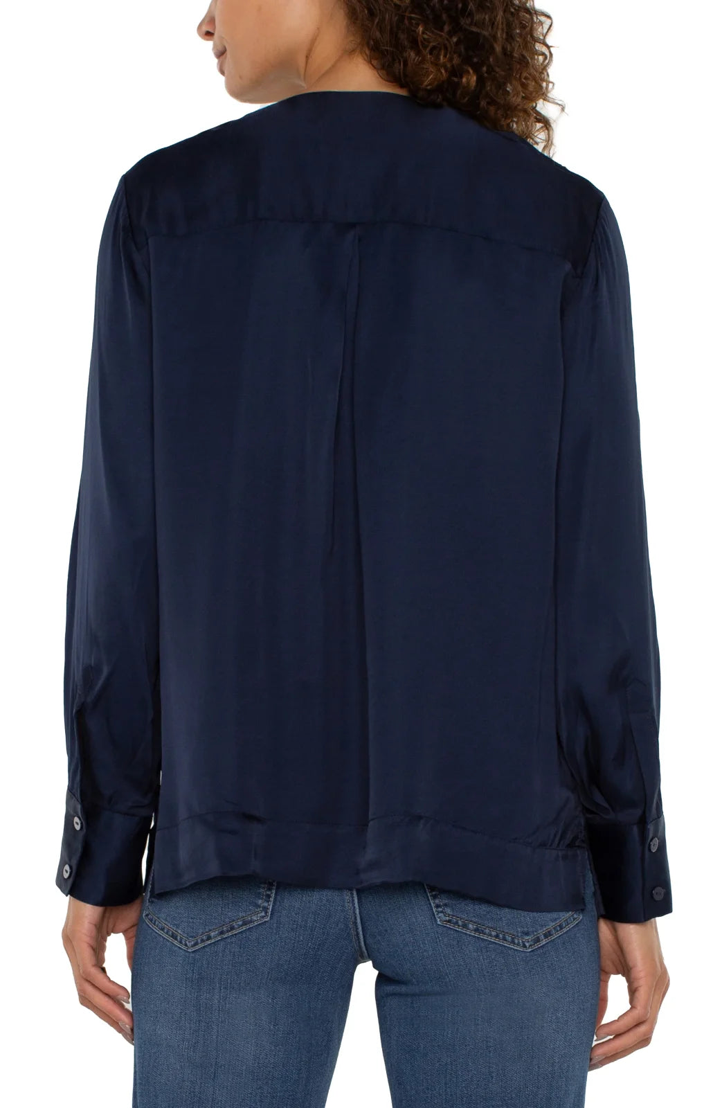 Navy satin zip front top by Liverpool, perfect for coastal boutique clothing and stylish tops for women.