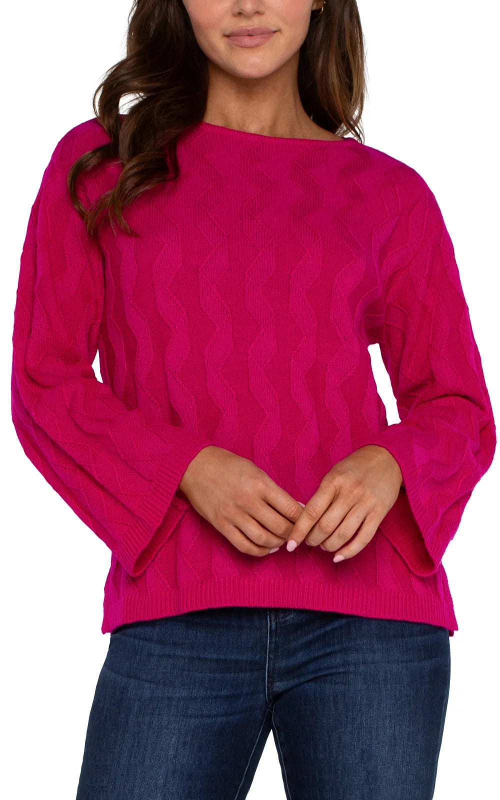Liverpool Long Sleeve Boat Neck Sweater in Star Ruby at a Port Aransas boutique, perfect for curated women's fashion and beach dresses.