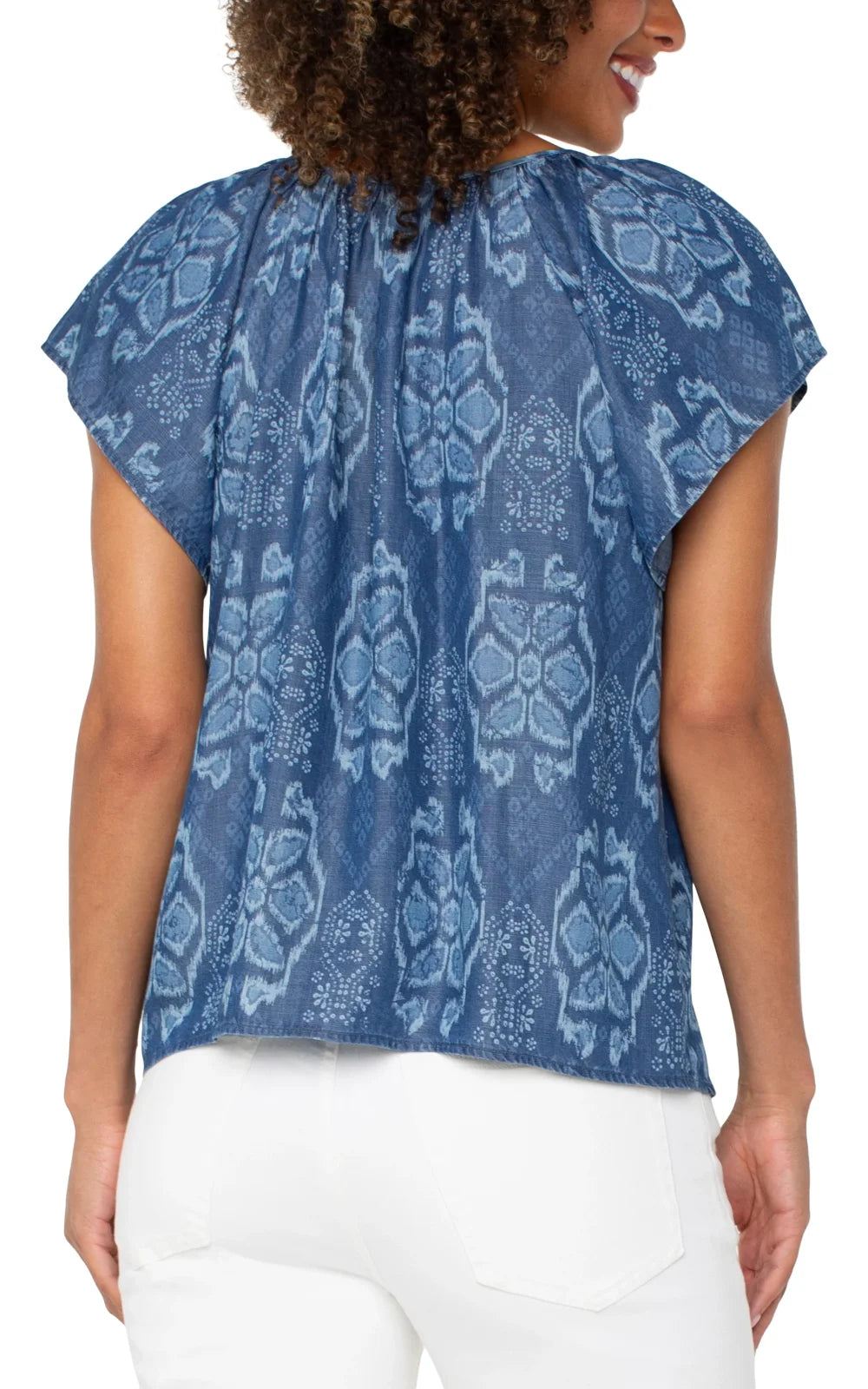 Women's Chambray Tribal Printed Top with flutter sleeves and exclusive Liverpool print, ideal for coastal boutique style.