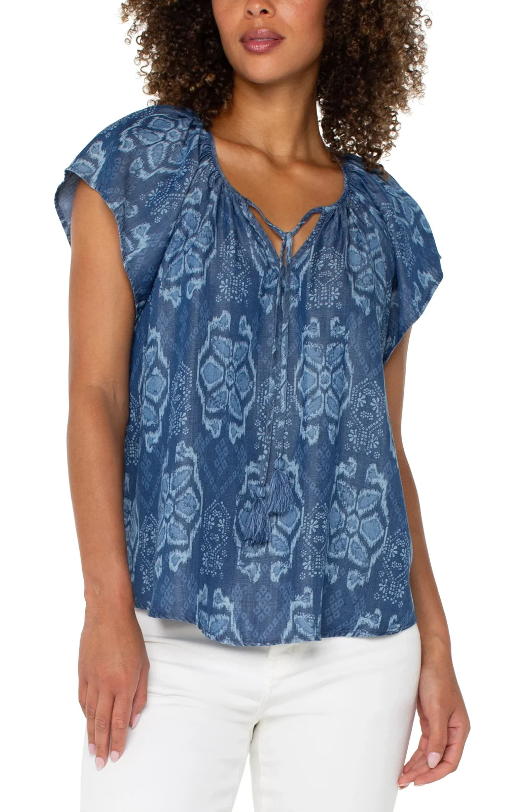 Charming flutter sleeve chambray tribal printed top, perfect for coastal boutique clothing and warm weather. Exclusive Liverpool print.