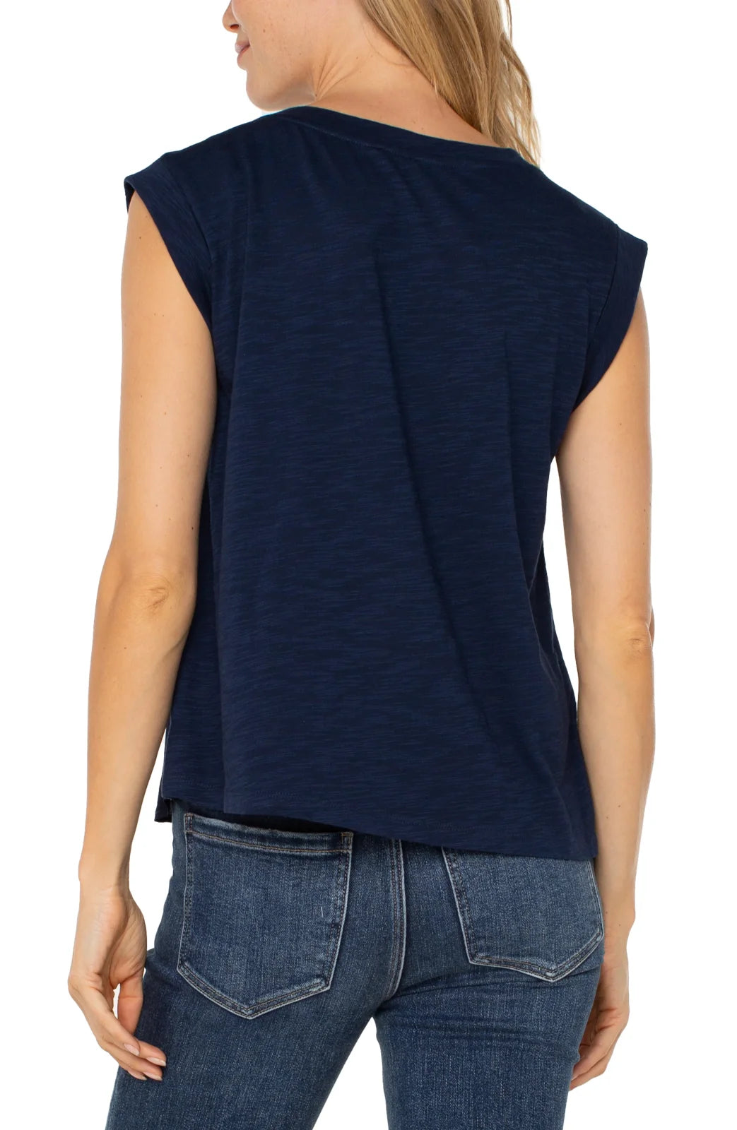 Stylish women's Liverpool Indigo Pintuck Top, perfect for coastal boutique clothing and casual beach outfits.
