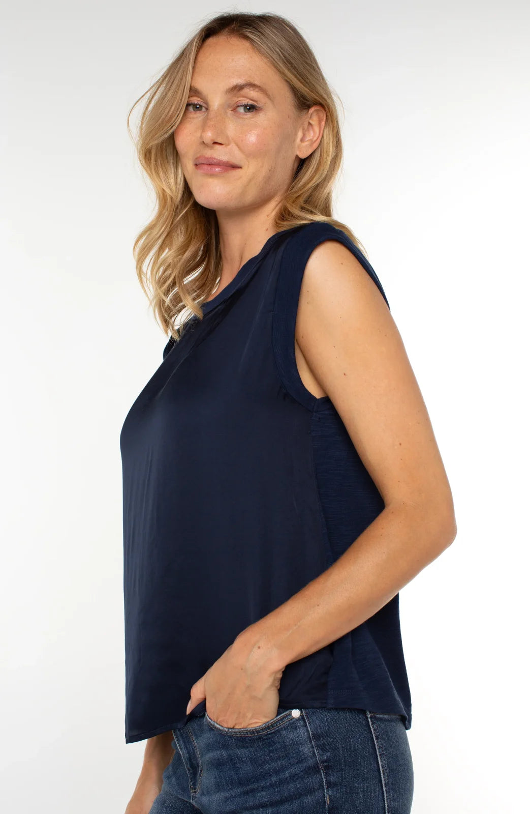 Stylish Liverpool Indigo Pintuck Top in navy, perfect for coastal boutique clothing and curvy plus size fashion.