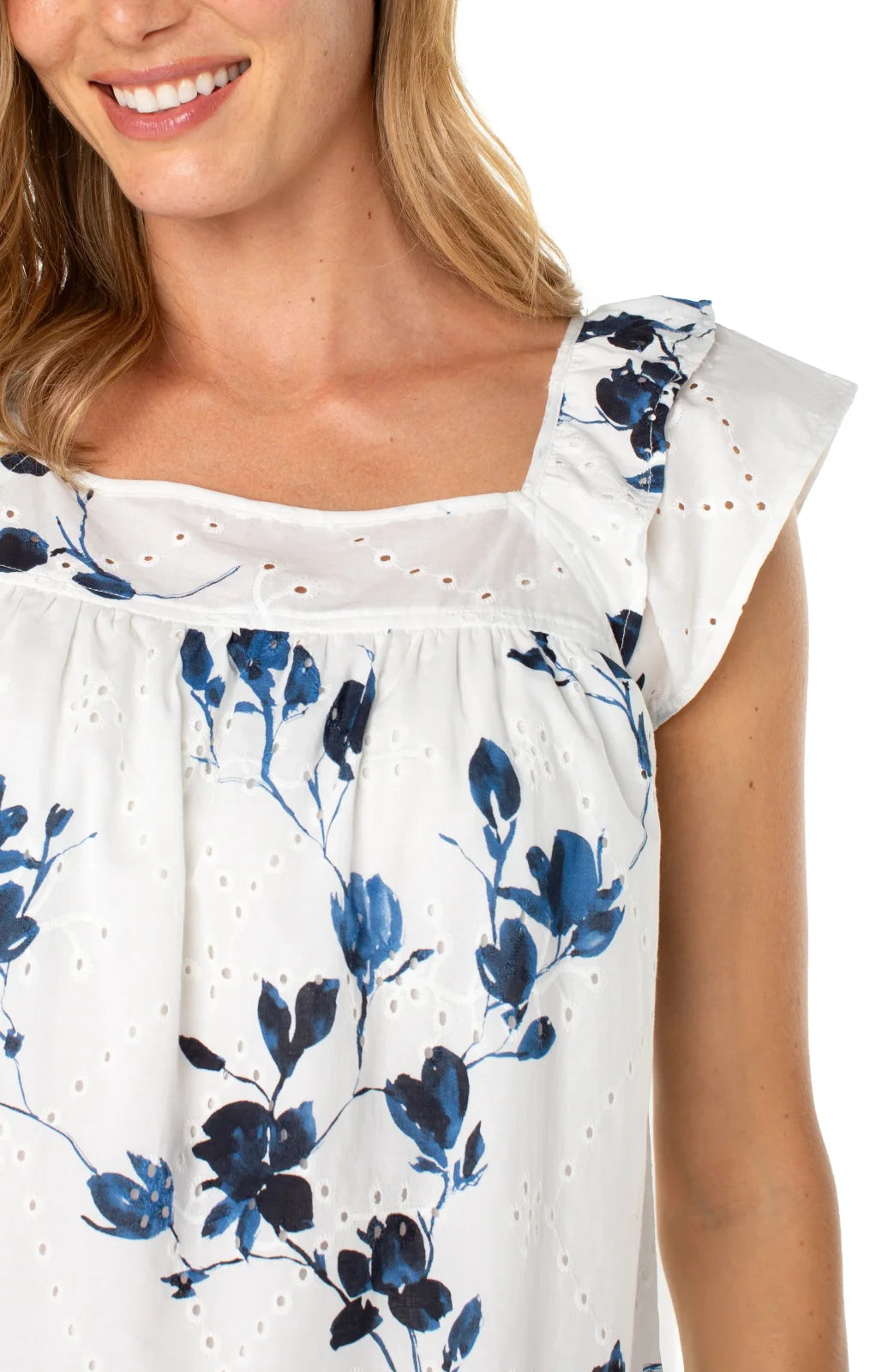 Stylish Liverpool Indigo Rose Eyelet Top with floral design, perfect for coastal boutique clothing and summer outings.