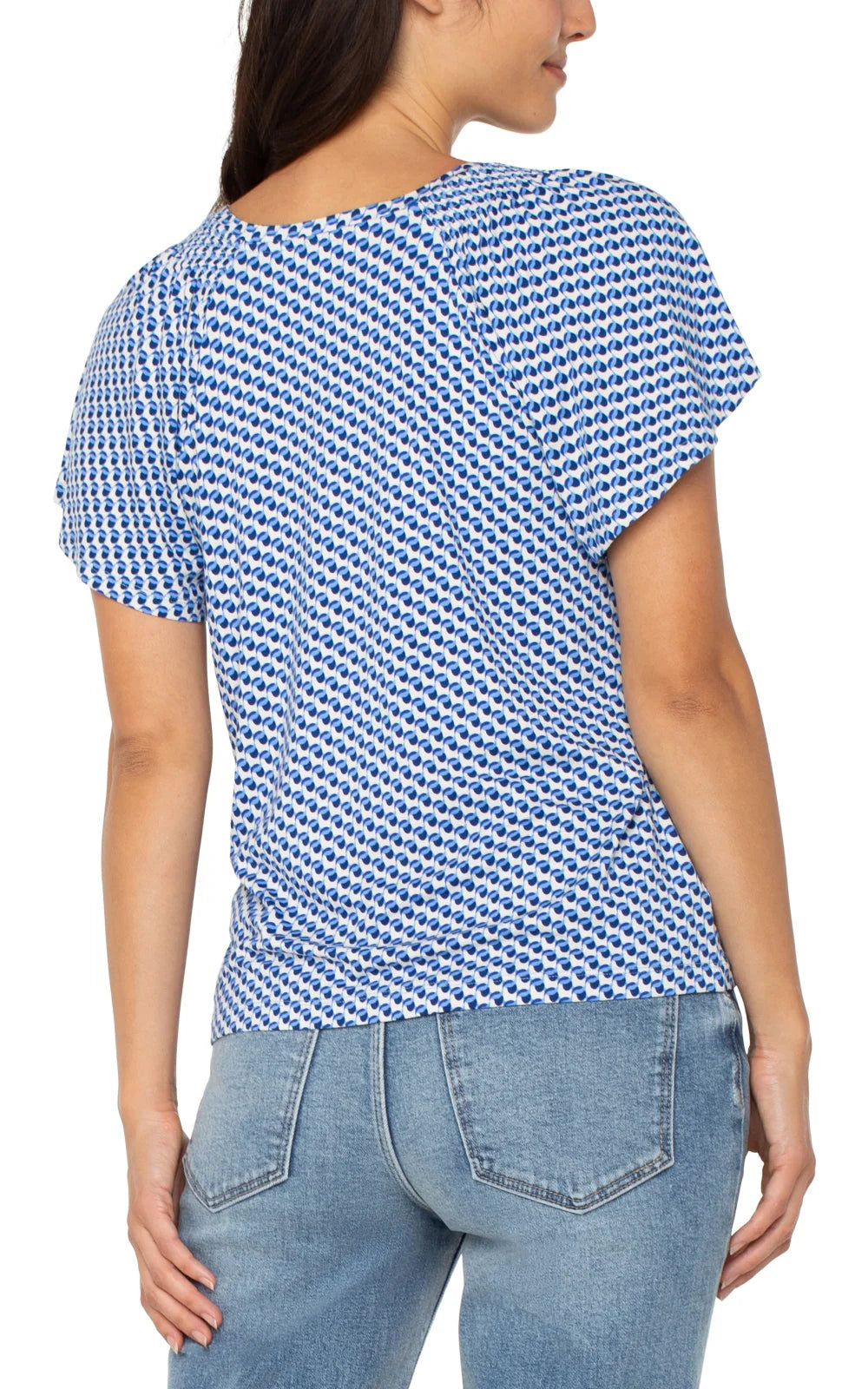 Women's LP Blue Geo Short Flutter Sleeve Knit Top, stylish and versatile for coastal boutique clothing, ideal for summer.
