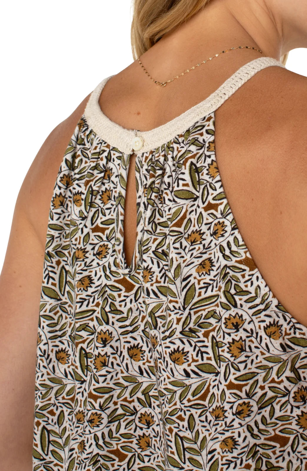 Back detail of Olive Print Halter with Crochet, perfect for coastal boutique clothing and tropical vacation dresses.