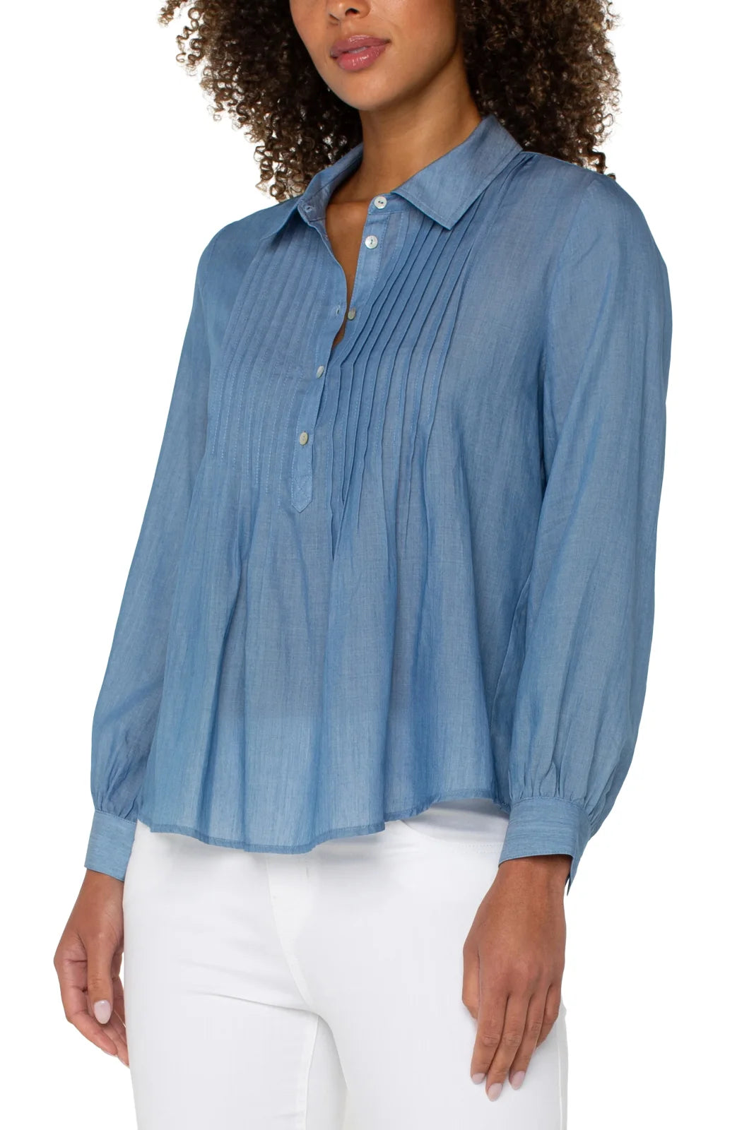 Liverpool Tencel Popover Top in light blue, casual yet chic style for coastal boutique clothing and tropical vacation dresses.