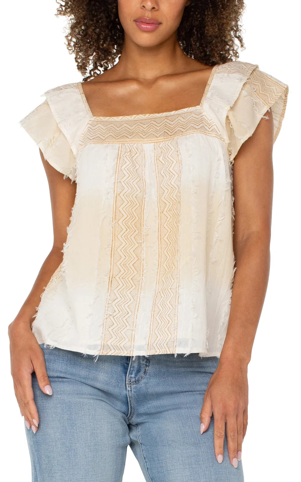 Fray Square-Neck Top with flutter sleeves, perfect for beach outings. From a Port Aransas boutique, ideal for stylish women's fashion.