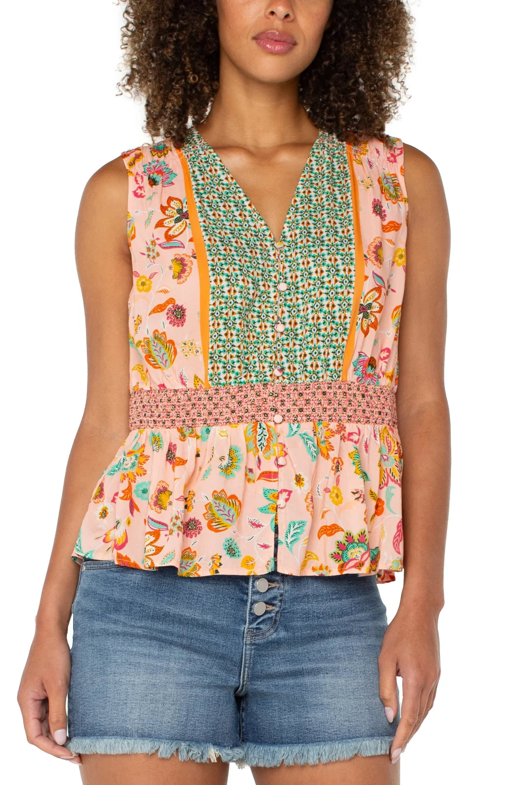Stylish LP sleeveless woven top with smocked waist in floral print, perfect for coastal boutique clothing and tropical vacation dresses.