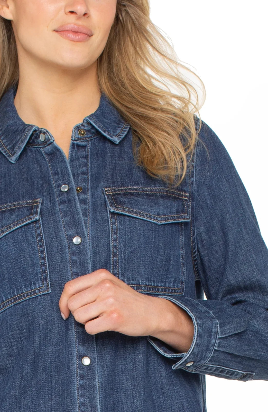 Liverpool button-down shirt with faux pearl buttons and front flap pockets, perfect for coastal boutique clothing styles.