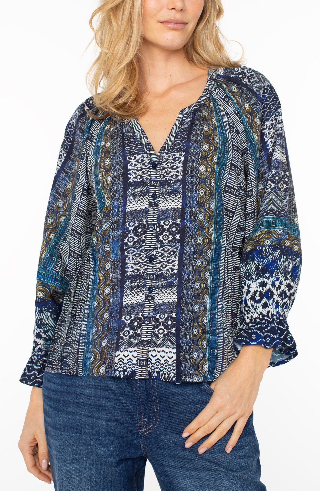 Stylish blue patterned blouse from Liverpool clothing brand, perfect for coastal boutique clothing and curated women's fashion.