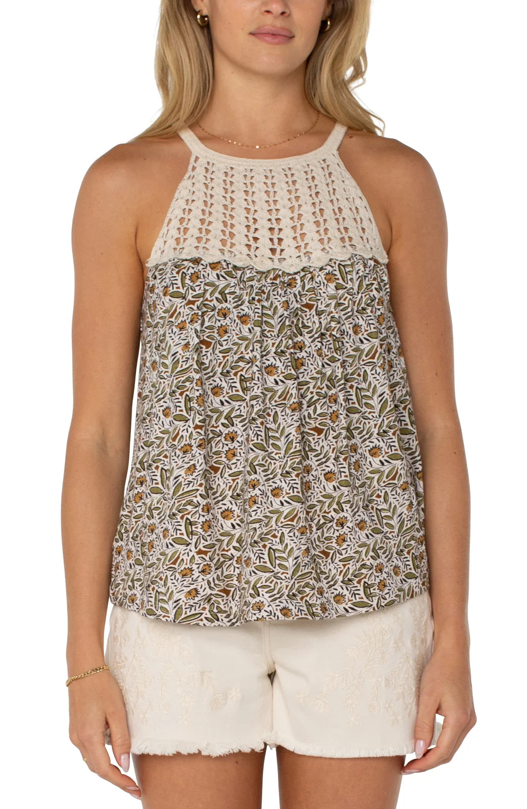 Olive Print Halter with Crochet Detail, stylish top for women, perfect for coastal boutique clothing and tropical vacations.