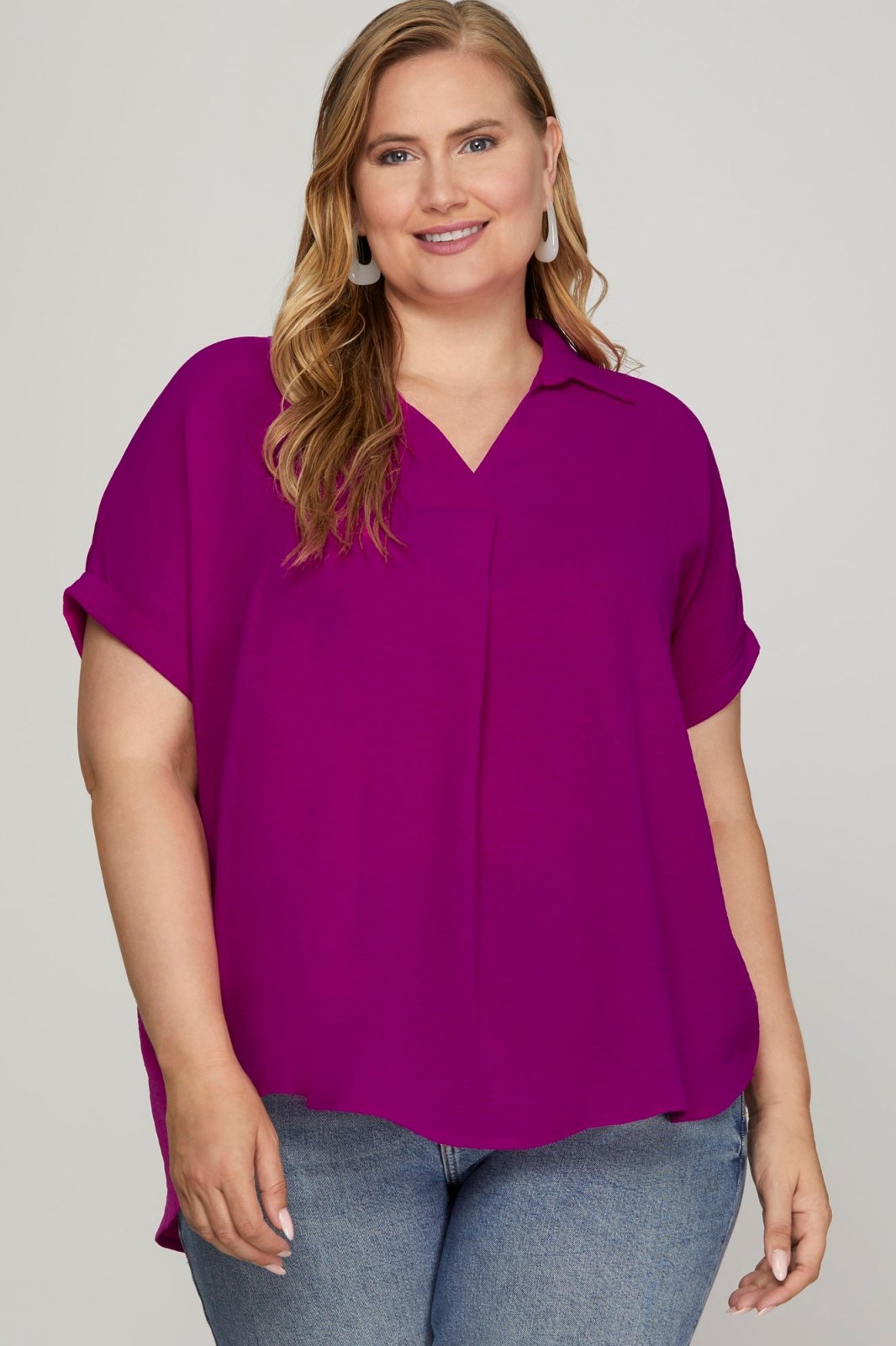 Magenta Plus Size Collared Woven Top for curvy women, perfect for coastal boutique clothing and stylish tops for women.