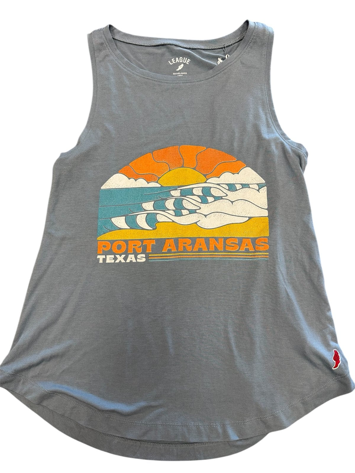 Heather Riviera Blue Tank with Port Aransas graphic, perfect for coastal boutique clothing and stylish tops for women.